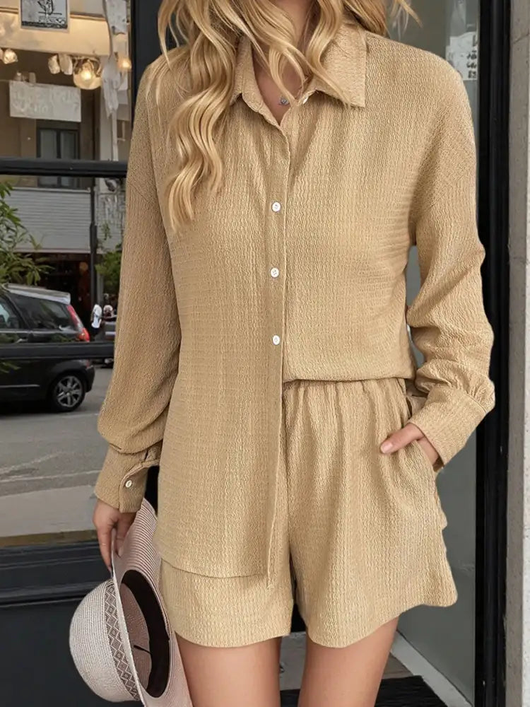 Button Up Long Sleeve Shirt and Shorts Set