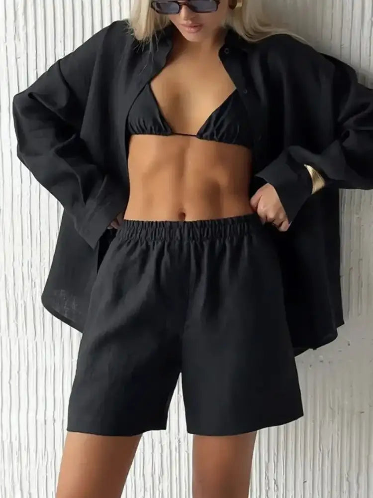 Button Up Long Sleeve Shirt and Shorts Set