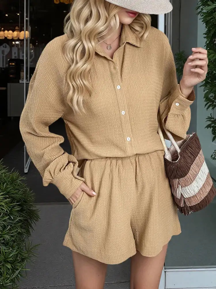 Button Up Long Sleeve Shirt and Shorts Set