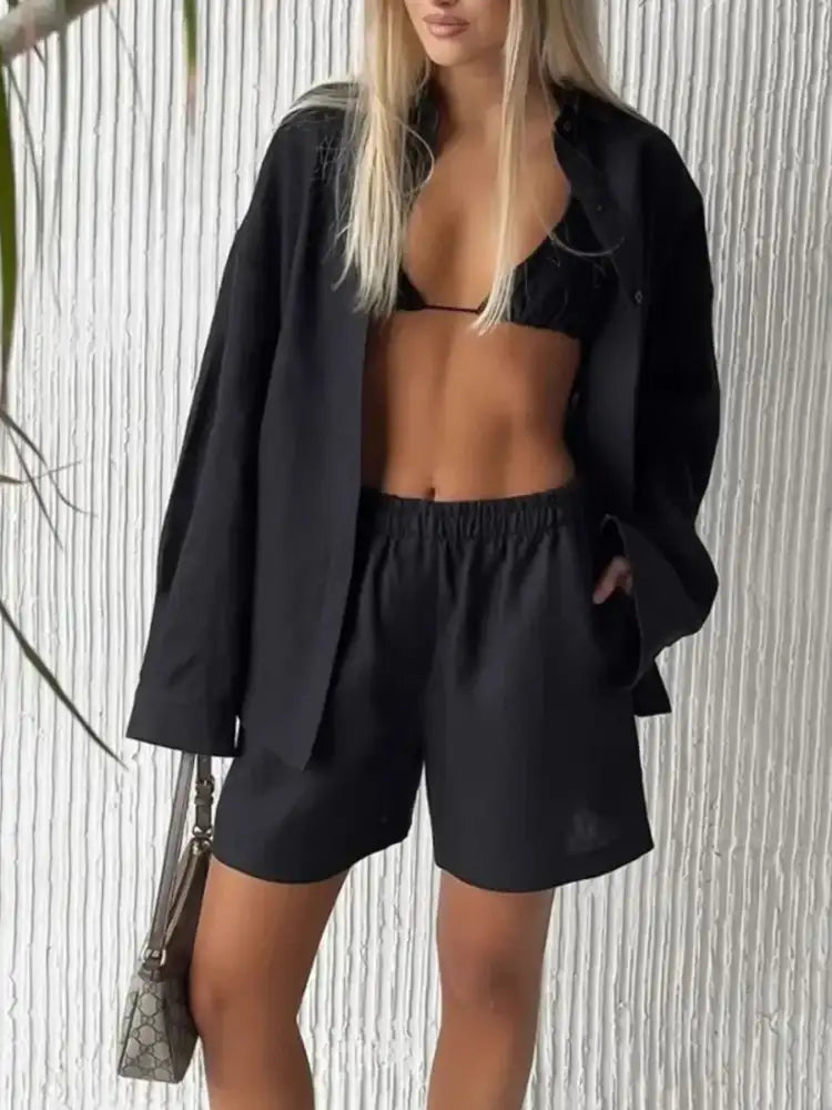 Button Up Long Sleeve Shirt and Shorts Set
