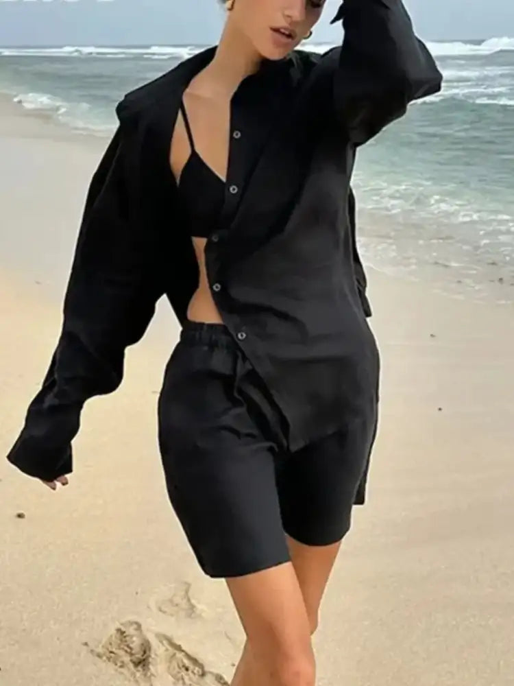 Button Up Long Sleeve Shirt and Shorts Set