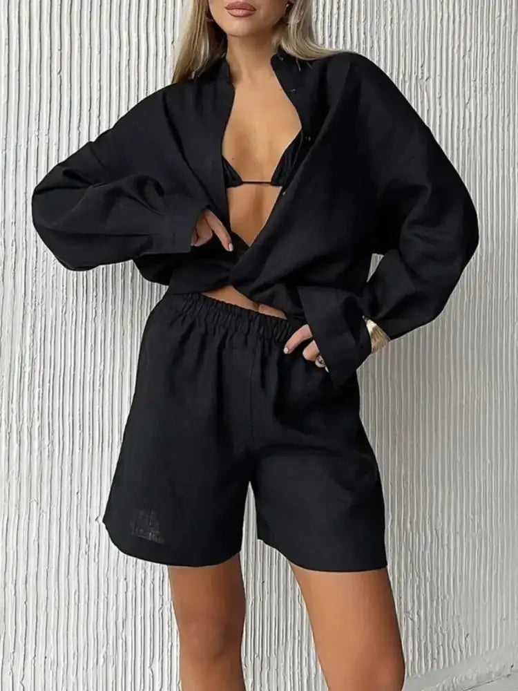 Button Up Long Sleeve Shirt and Shorts Set