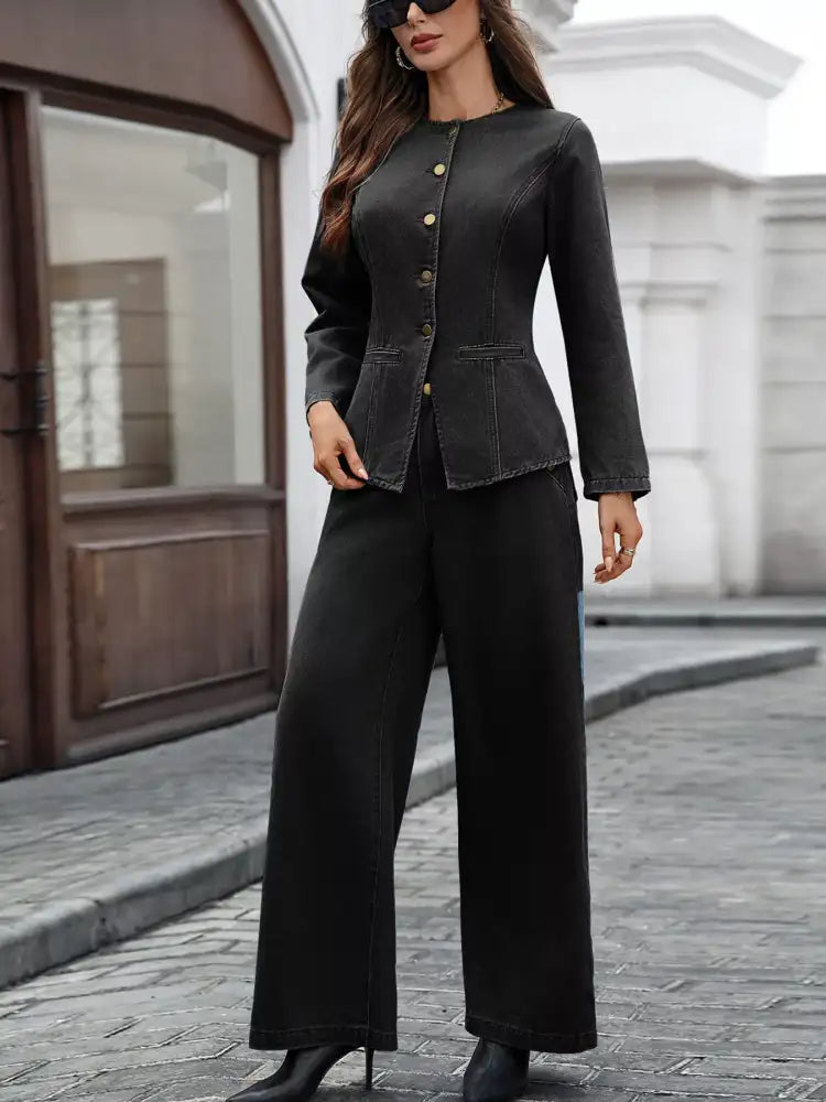 Button Up Long Sleeve Top and Jeans Denim Set