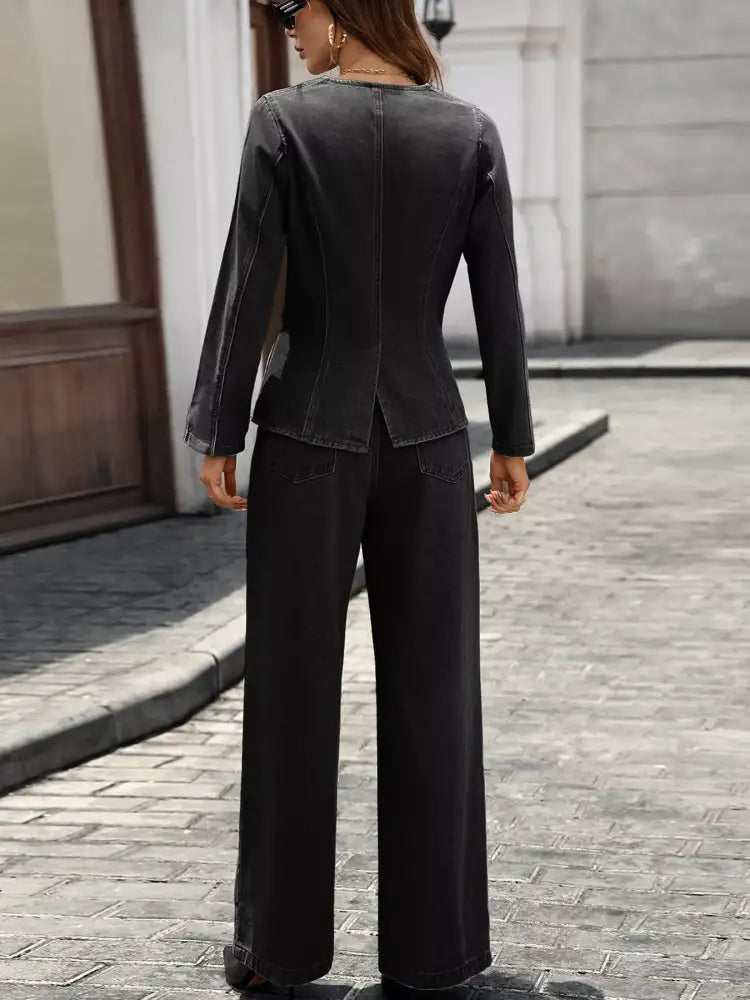 Button Up Long Sleeve Top and Jeans Denim Set