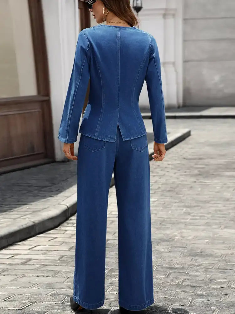 Button Up Long Sleeve Top and Jeans Denim Set