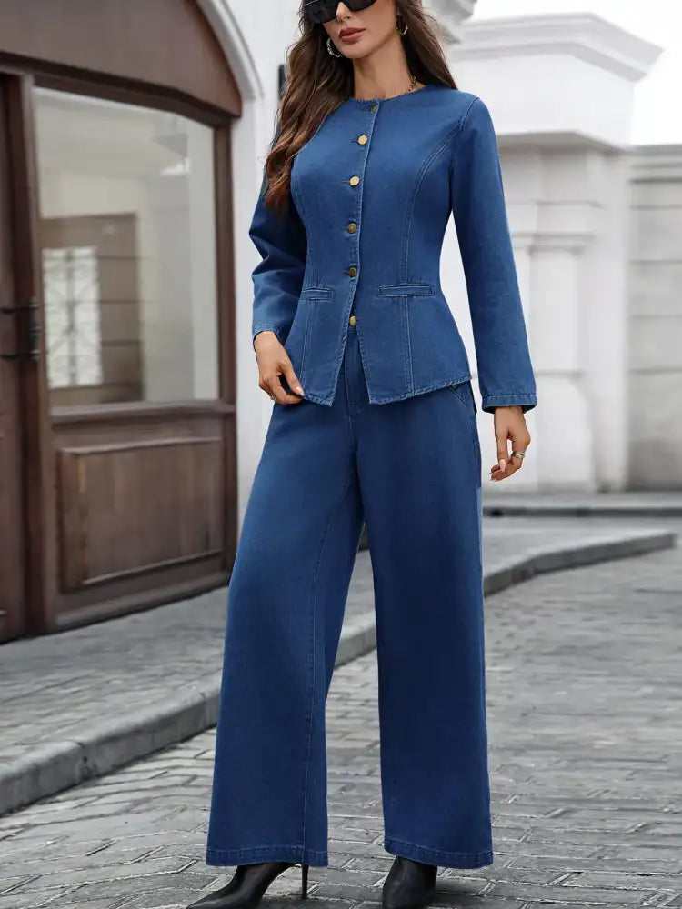 Button Up Long Sleeve Top and Jeans Denim Set