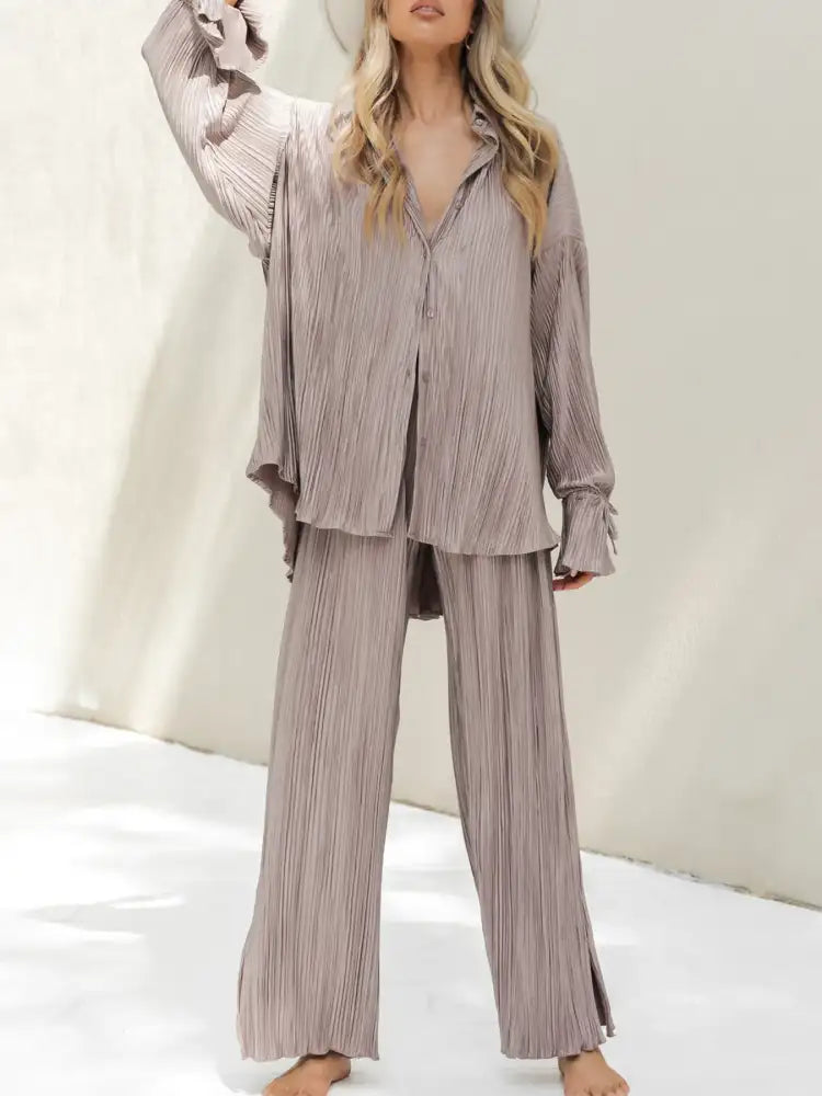 Button Up Long Sleeve Top and Pants Set