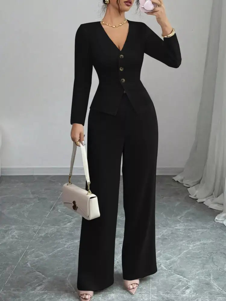 Button Up Long Sleeve Top and Pants Set