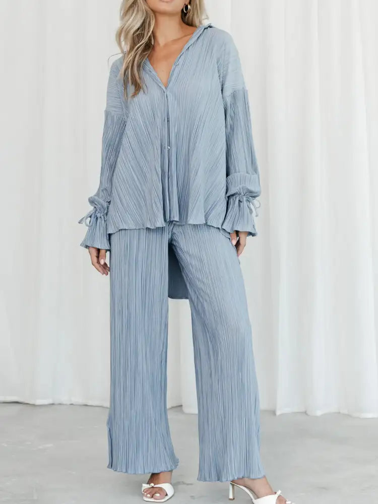 Button Up Long Sleeve Top and Pants Set