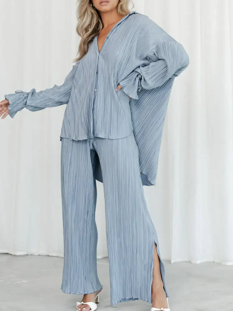 Button Up Long Sleeve Top and Pants Set