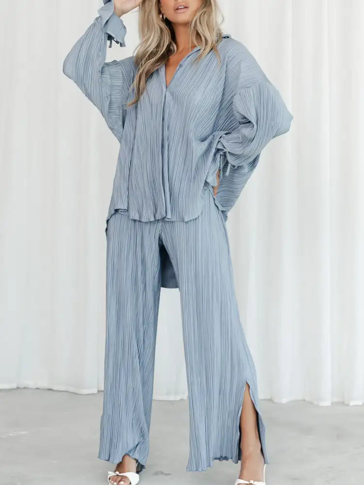 Button Up Long Sleeve Top and Pants Set
