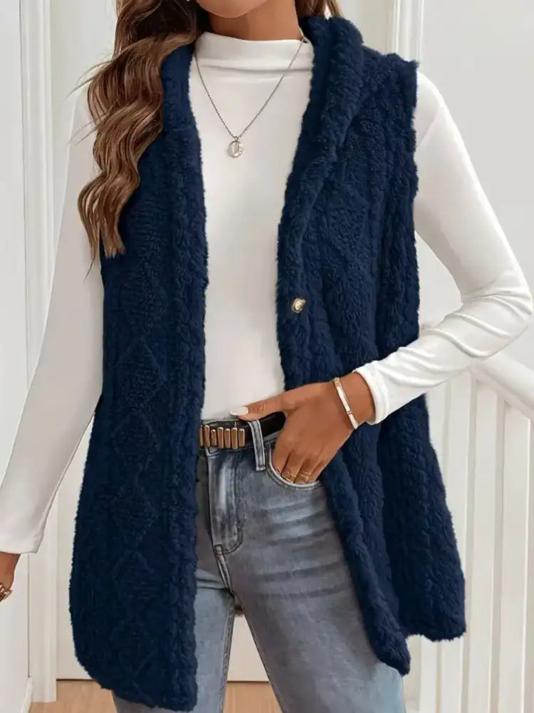 Button Up Plush Hooded Vest Coat