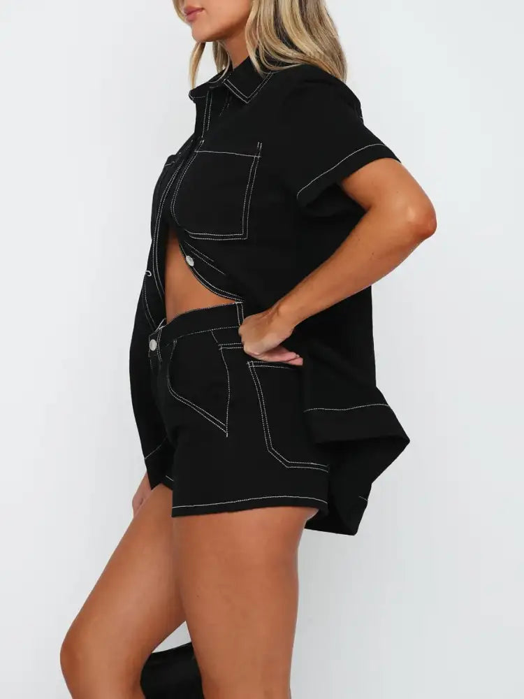 Button Up Short Sleeve Top and Shorts Denim Set