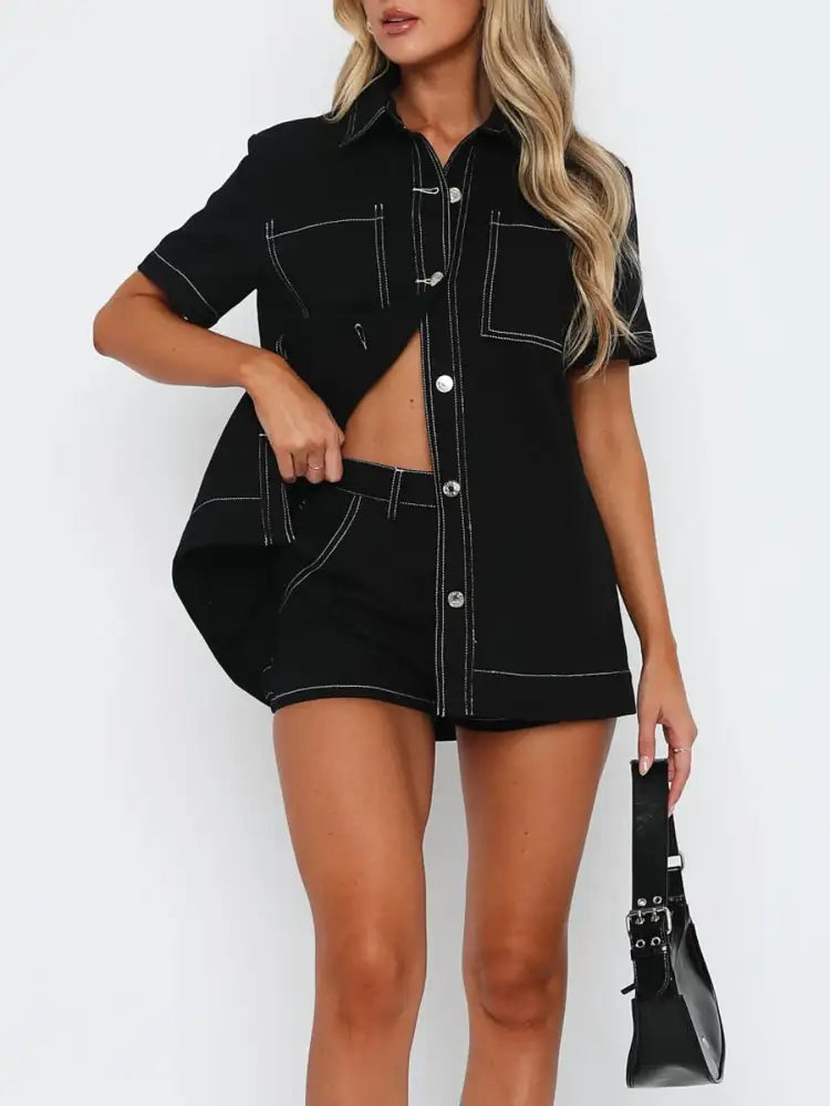 Button Up Short Sleeve Top and Shorts Denim Set