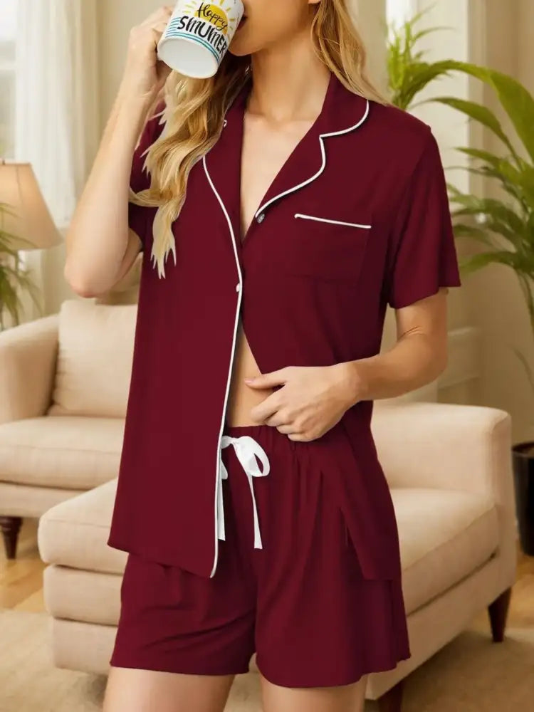 Button Up Short Sleeve Top and Shorts Lounge Set