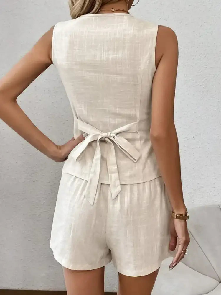 Button Up V-Neck Vest and Shorts Set