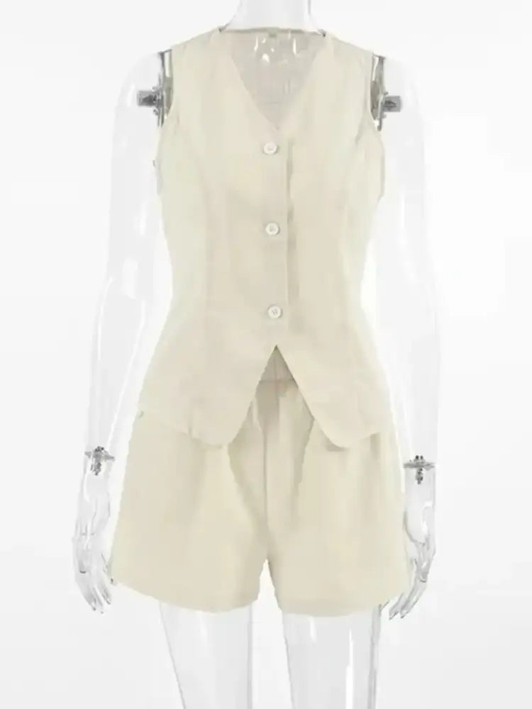 Button Up V-Neck Vest and Shorts Set