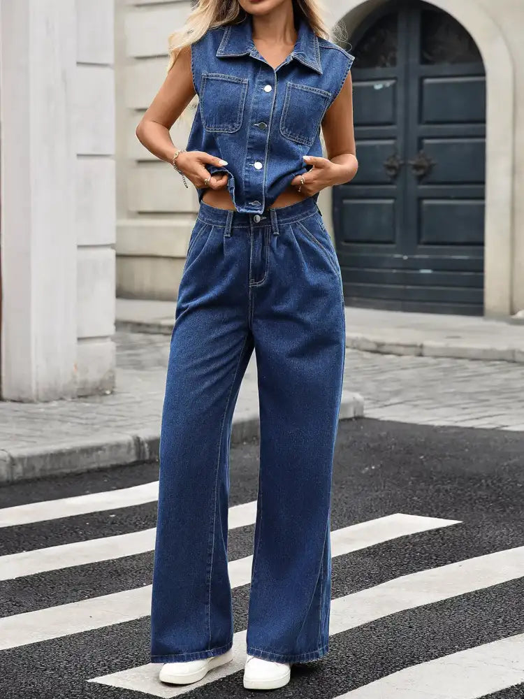 Button Up Vest and Jeans Denim Set