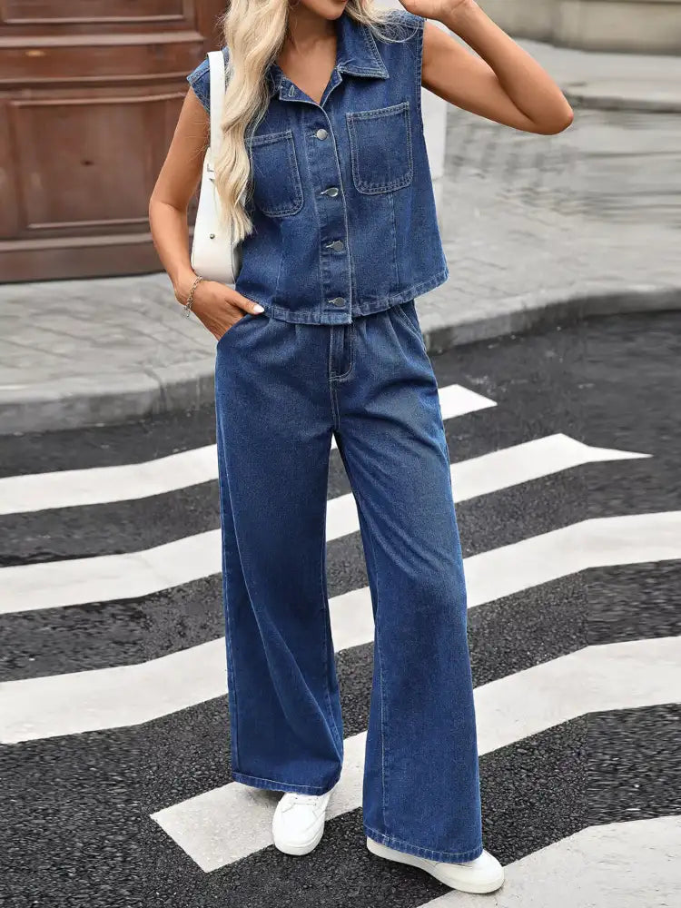 Button Up Vest and Jeans Denim Set