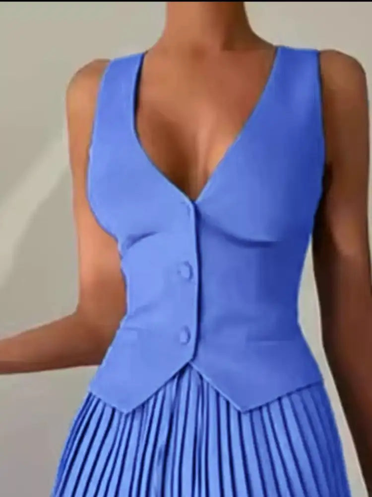 Button Up Vest and Pleated Mini Skirt Set