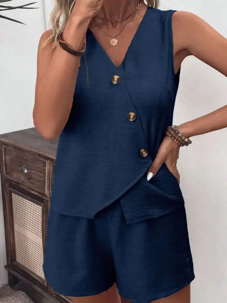 Button Up Vest and Shorts Set