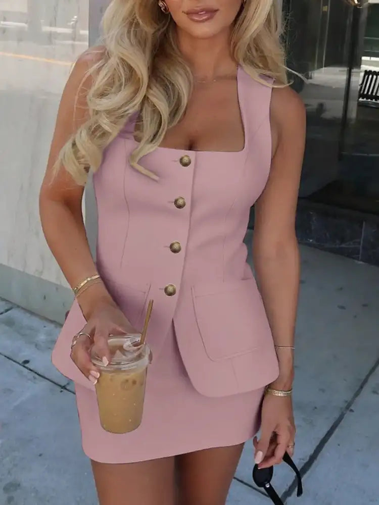 Button-Up Vest and Skirt Set