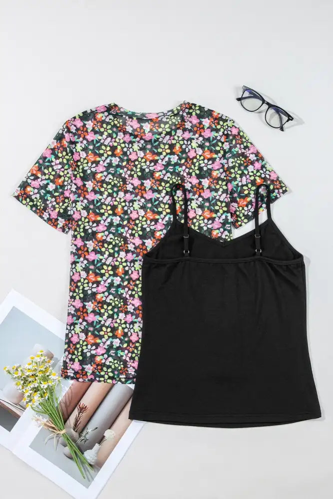 Cami and Sheer Floral Mesh Round Neck Top Set