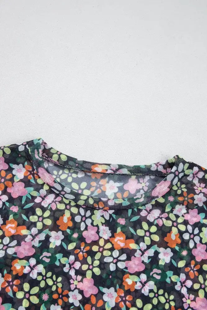 Cami and Sheer Floral Mesh Round Neck Top Set