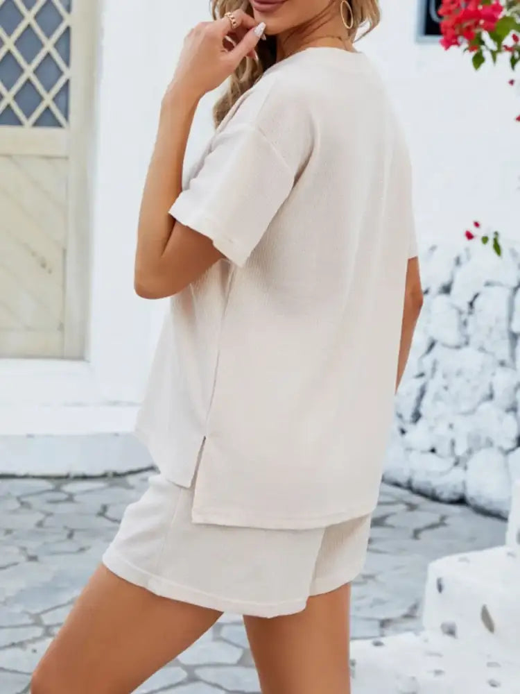 Casual Button Detail Ribbed Top and Shorts Two-Piece Set