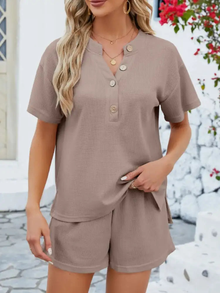 Casual Button Detail Ribbed Top and Shorts Two-Piece Set