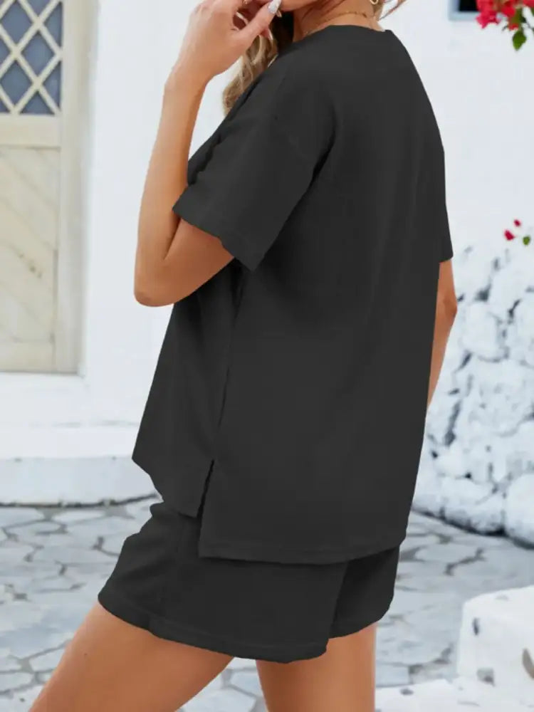 Casual Button Detail Ribbed Top and Shorts Two-Piece Set