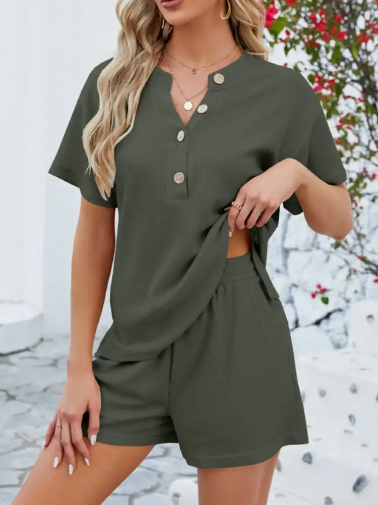 Casual Button Detail Ribbed Top and Shorts Two-Piece Set