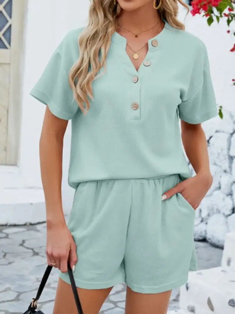Casual Button Detail Ribbed Top and Shorts Two-Piece Set