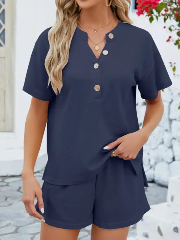 Casual Button Detail Ribbed Top and Shorts Two-Piece Set