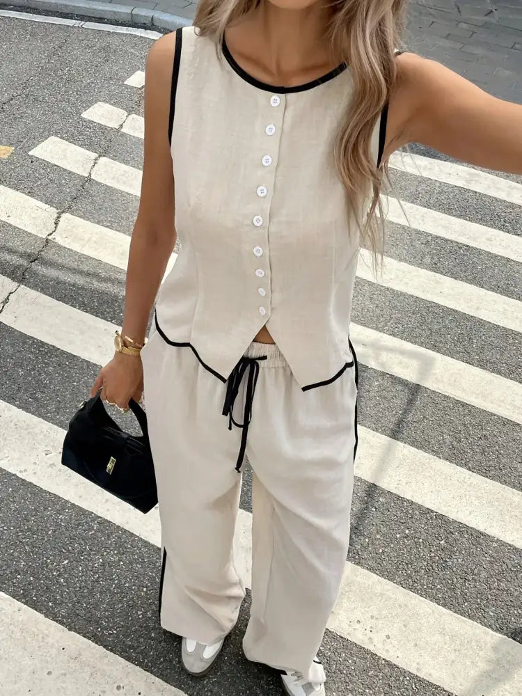Casual Button-Up Tank and Wide-Leg Pants Set