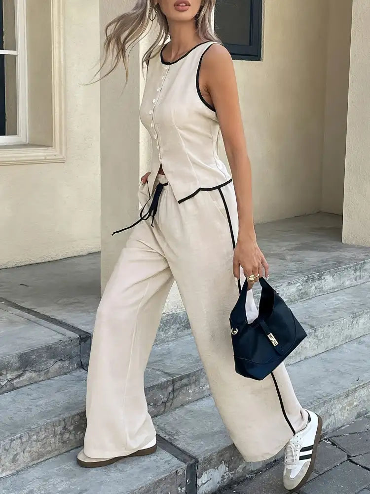 Casual Button-Up Tank and Wide-Leg Pants Set