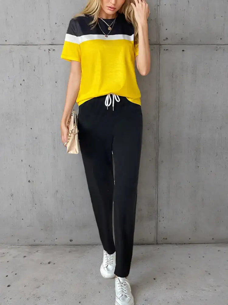 Casual Color Block Top and Pants Set