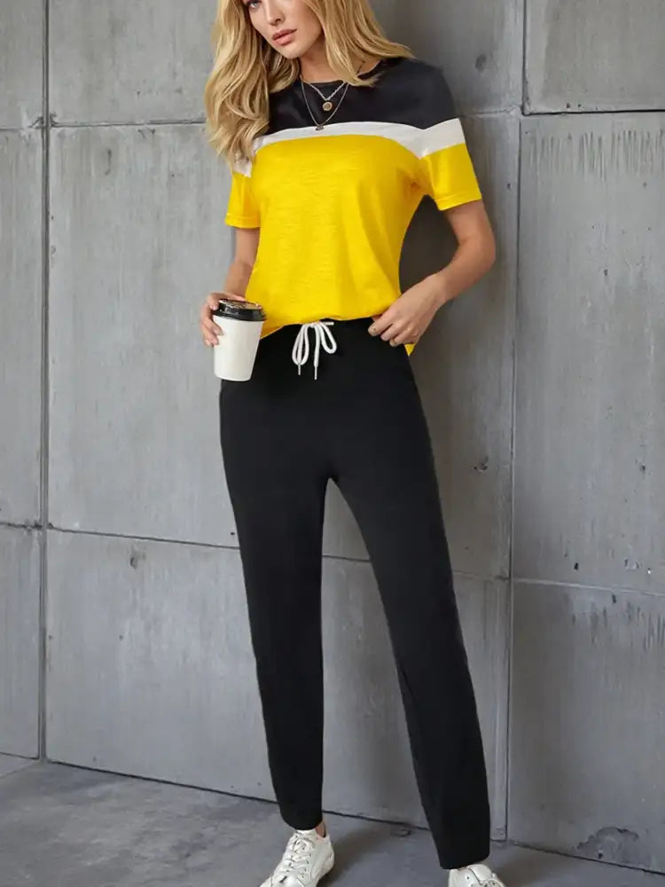 Casual Color Block Top and Pants Set