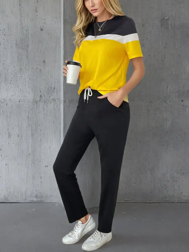 Casual Color Block Top and Pants Set