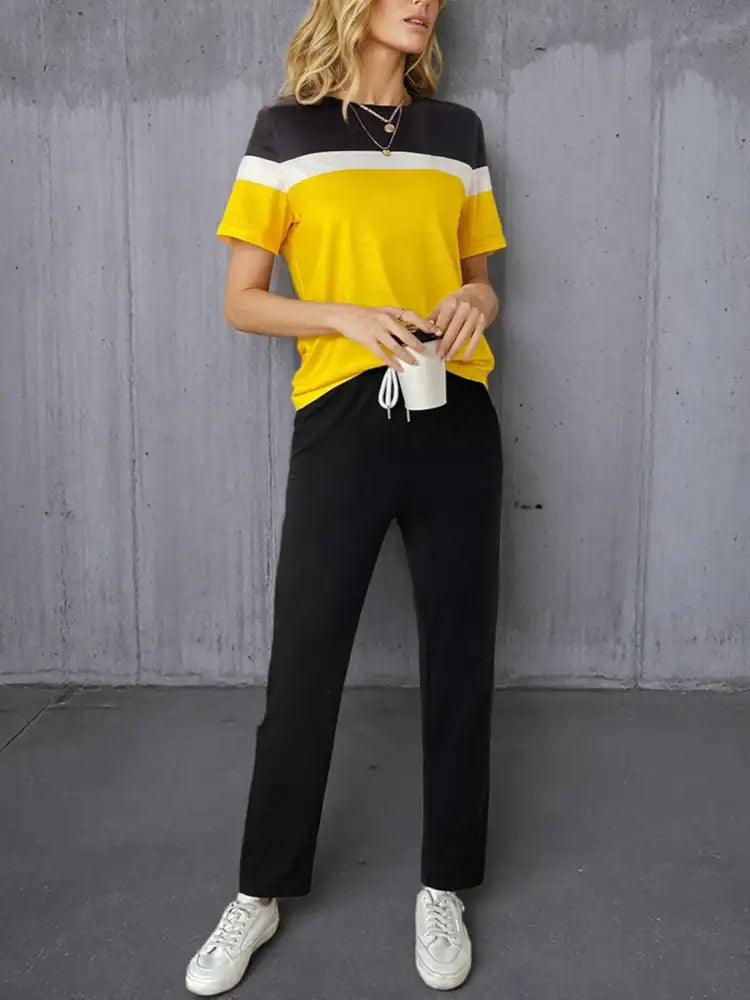 Casual Color Block Top and Pants Set