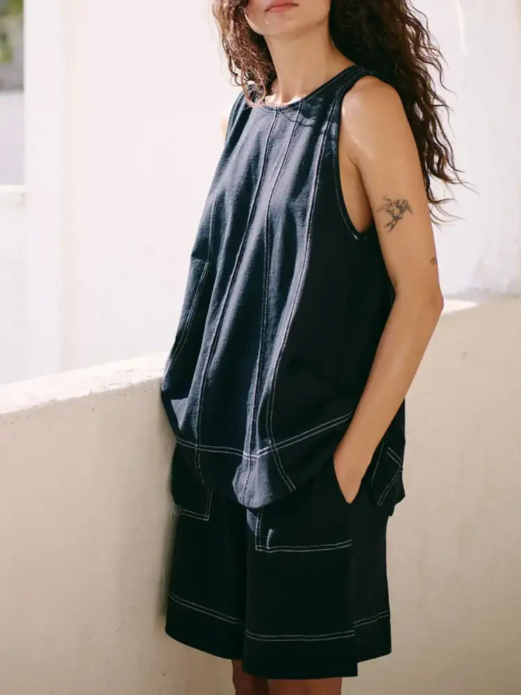 Casual Contrast Stitch Denim Tank Top and Shorts Set