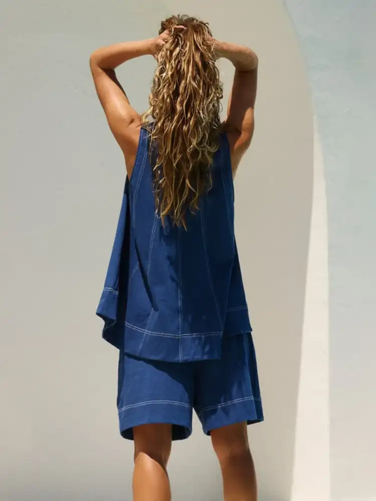 Casual Contrast Stitch Denim Tank Top and Shorts Set
