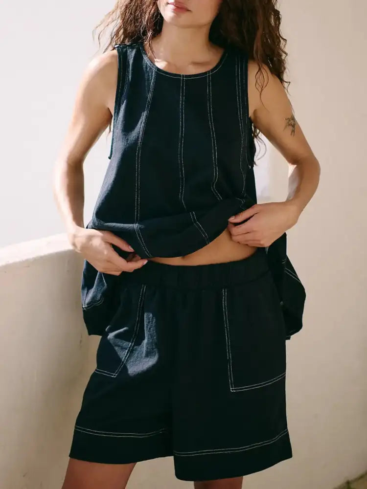 Casual Contrast Stitch Denim Tank Top and Shorts Set