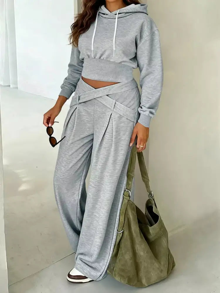 Casual Cropped Hoodie and Wide Leg Pants Set