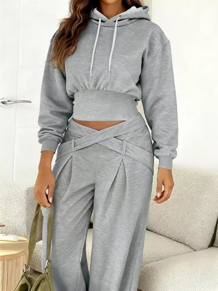 Casual Cropped Hoodie and Wide Leg Pants Set