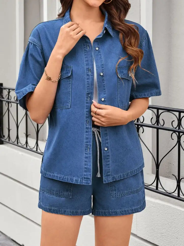 Casual Drop Shoulder Denim Shirt & Shorts Set