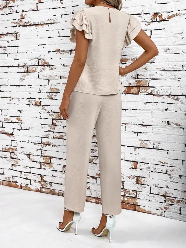 Casual Flutter Sleeve Top and Pants Two-Piece Set