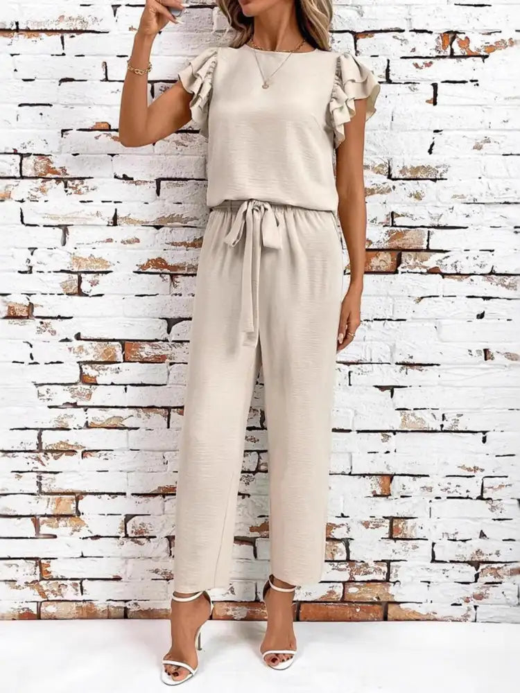Casual Flutter Sleeve Top and Pants Two-Piece Set