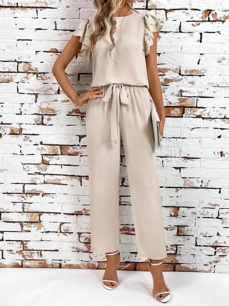 Casual Flutter Sleeve Top and Pants Two-Piece Set