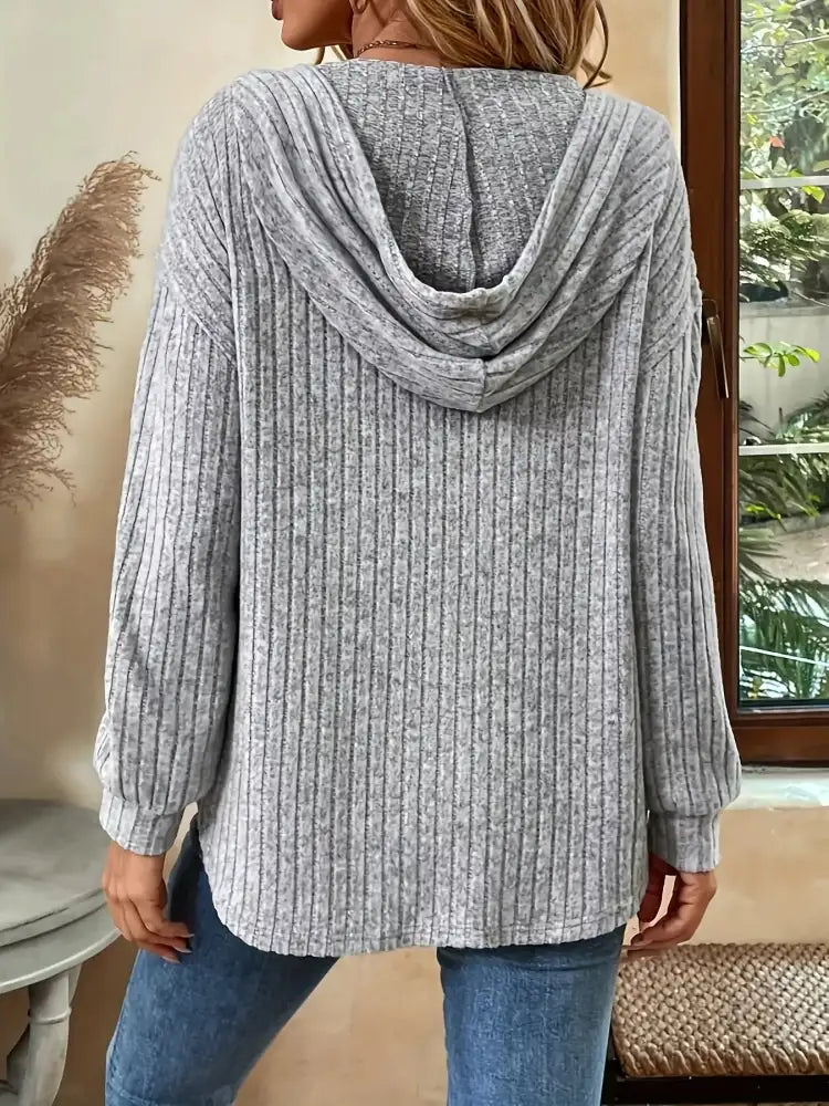 Casual Ribbed Button Detail Hoodie